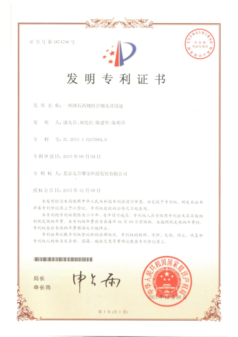 一种沸石药物组合物及其用途专利证书